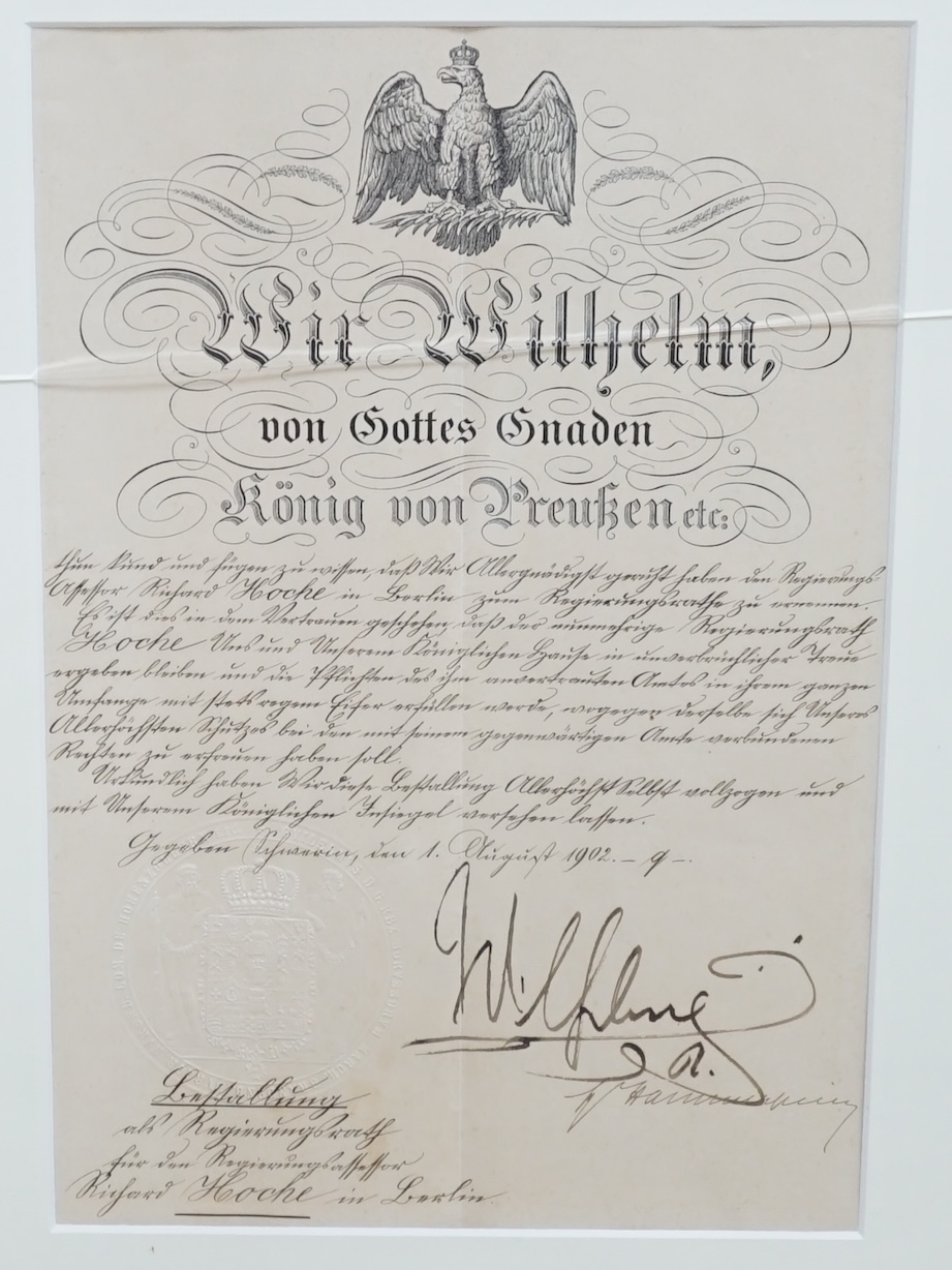 Kaiser Wilhem II (1859-1941) interest, an official document on headed paper dated 1 August 1902, with embossed blind stamp, leaf 31 x 20cm